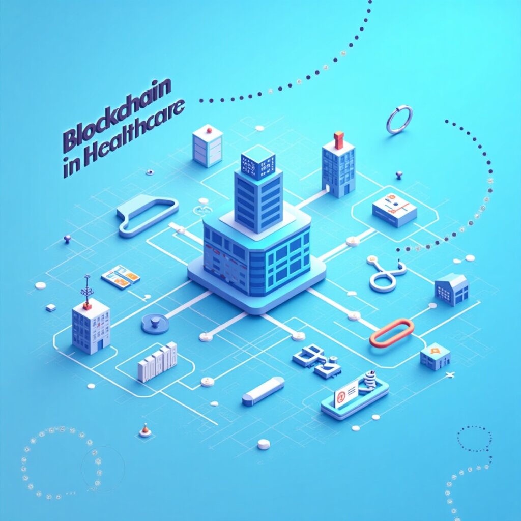 Illustration of blockchain in healthcare showing a digital hospital network connected via blockchain nodes, symbolizing secure data sharing between clinics, hospitals, stethoscopes, pills, and healthcare icons on a blue tech background.
